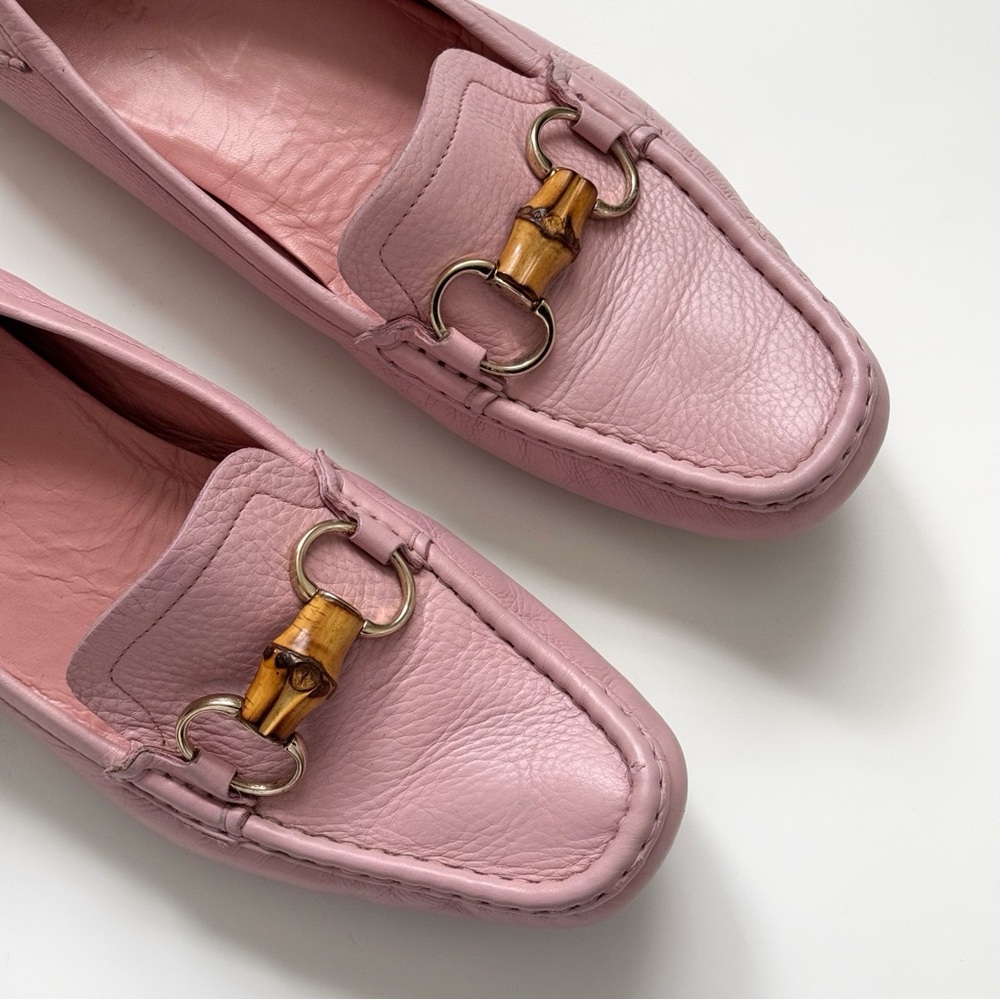 Vintage 2000s Gucci Loafers Diving Moccasin Bamboo Horse Bit Baby Pink Leather
